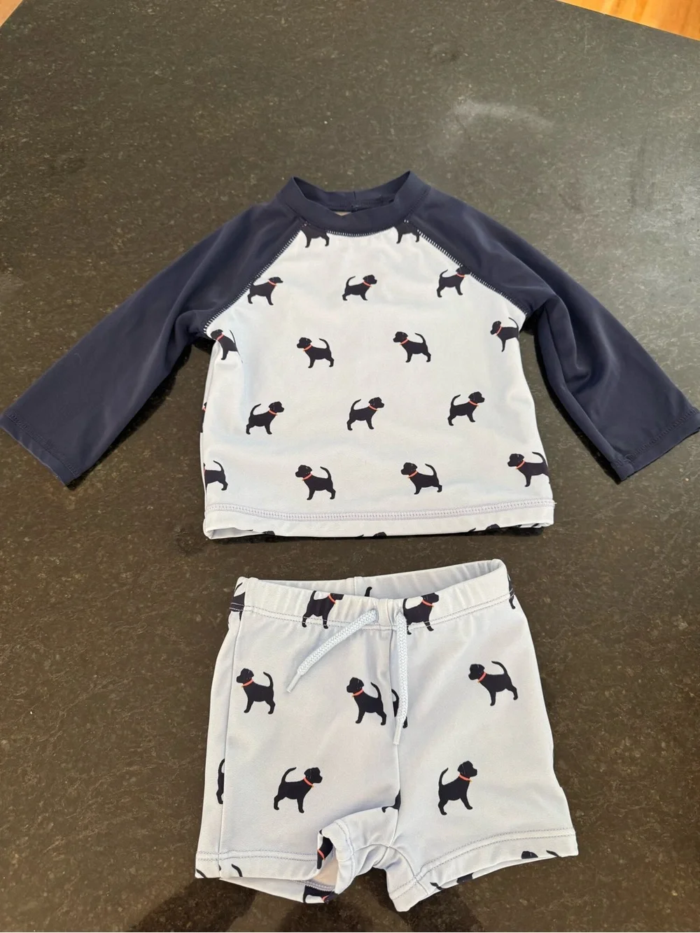 Janie and Jack 6-12mth Swim & Rash-guard Set Baby Blue w/Black Puppy Print NEW